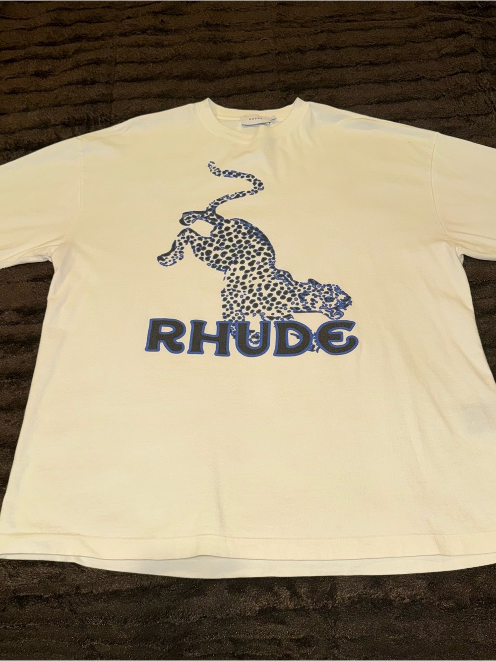 Rhude Cream Short-Sleeve Tee with Blue Leopard Graphic